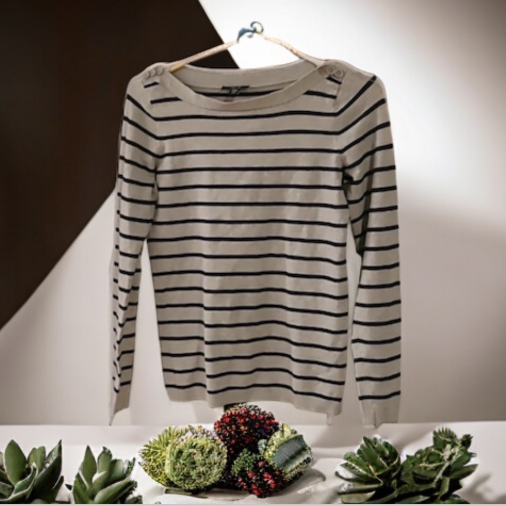 JACOB Grey/Black Stripe Knit Sweater -Boatneck-Button at neck detail -SzM-EUC🍂 - Picture 7 of 11